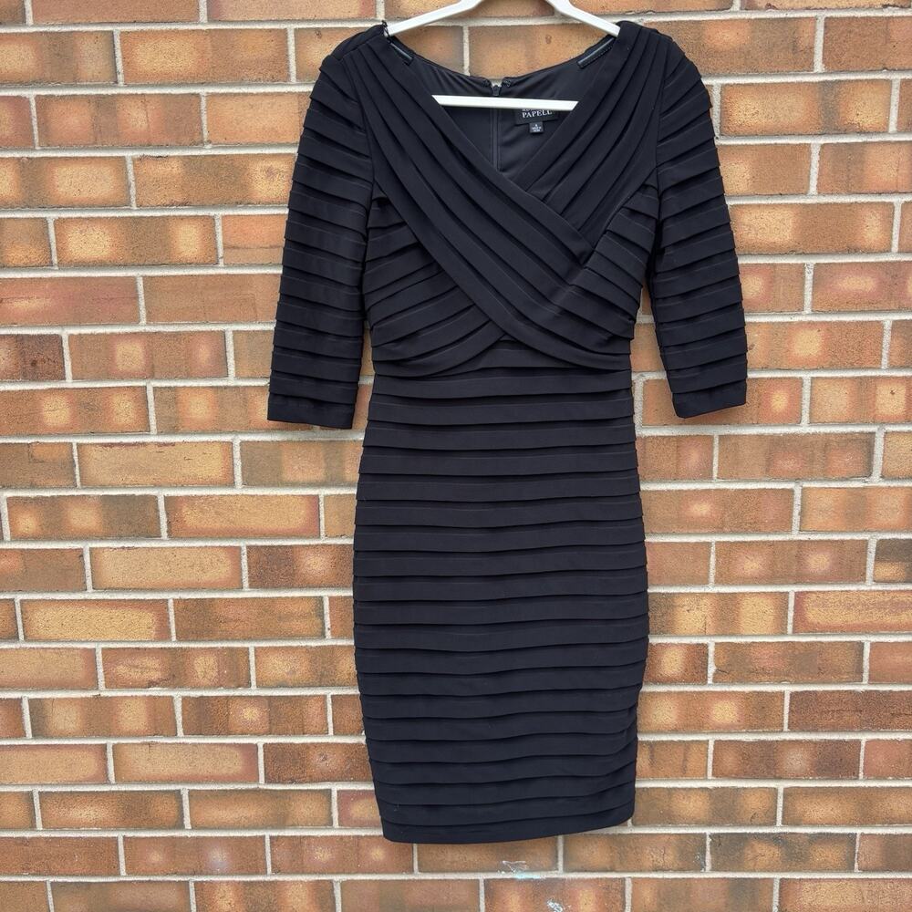 Adrianna Papell Womens 4 Black Cocktail Dress Knee Length Bodycon Half Sleeve